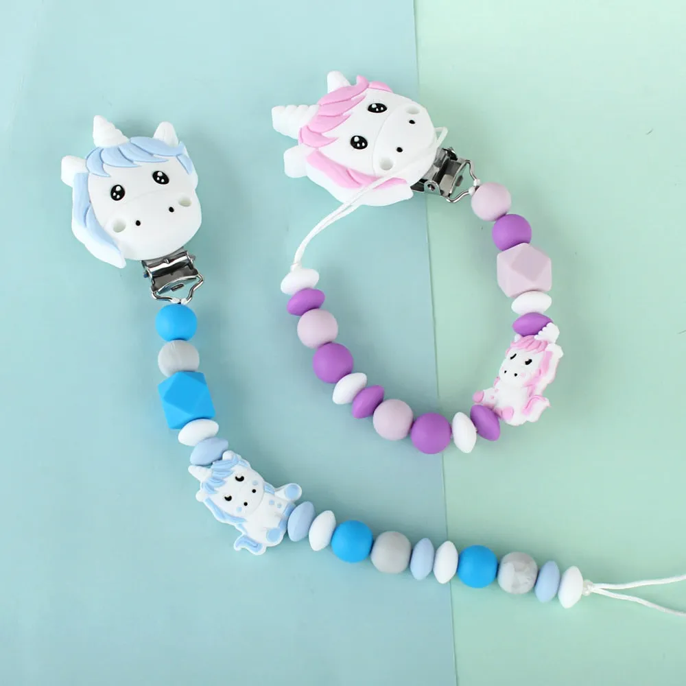 2pcs Baby Silicone Teether Beads Pacifier Clips Cartoon Animals