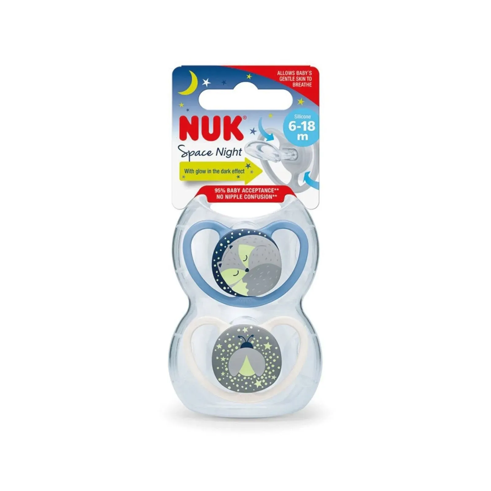 NUK Space Night Soother Blue 6-18m Pack of 2 Assorted